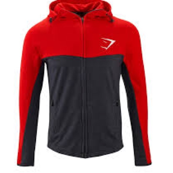 Gymshark Tops - Gym Shark, Red and Gray Zip-Up Hoodie. Item # 11196